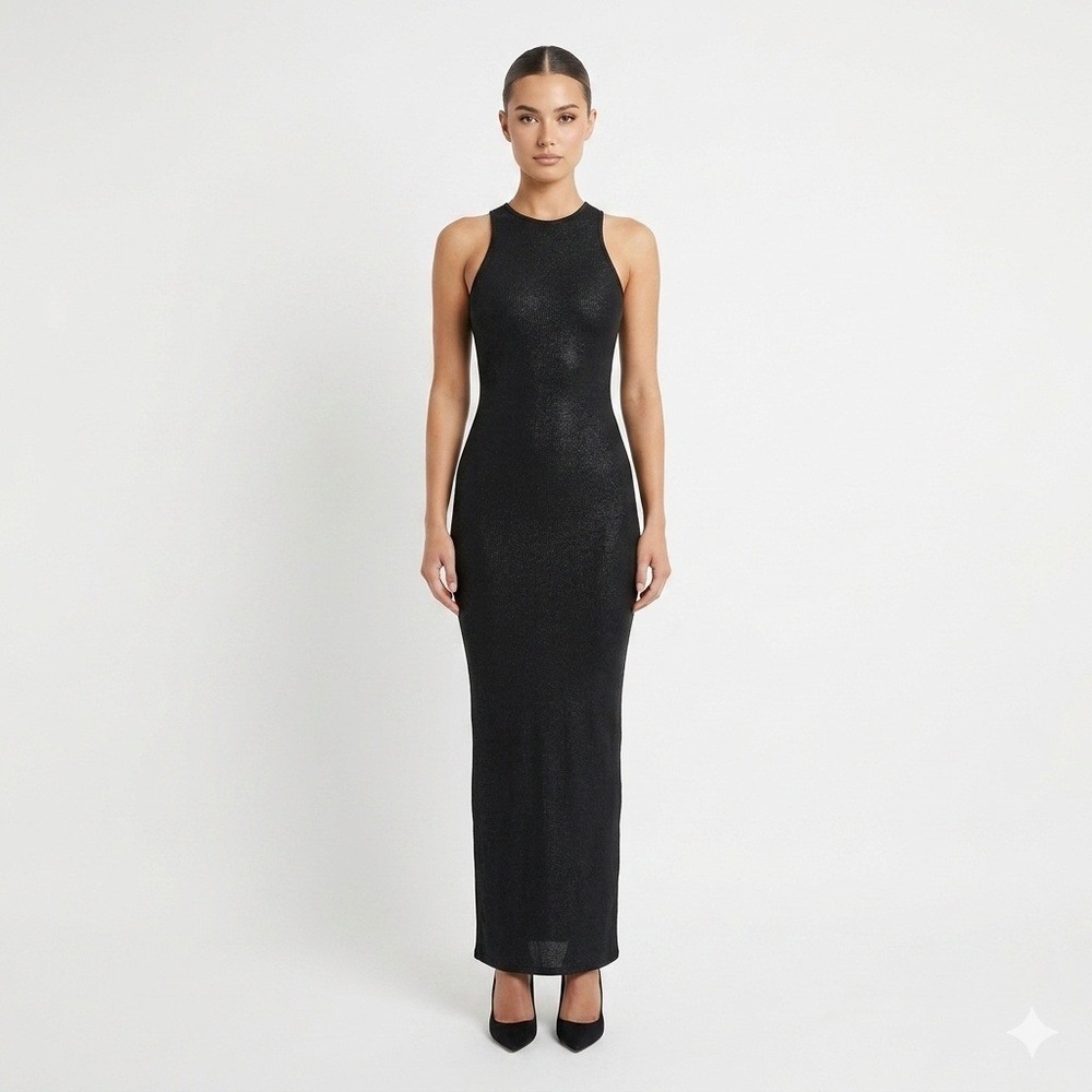 SKIMS Lounge Rib Full Length Maxi Dress Shimmer Black Racerback Size Medium